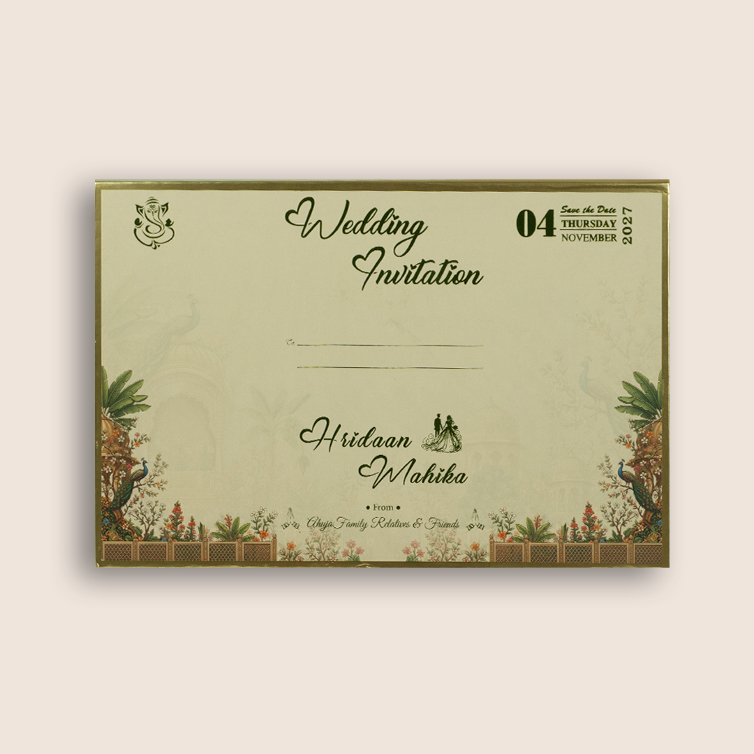 Beige Embossed Jharokha Padded Wedding Invitation - KSH18080