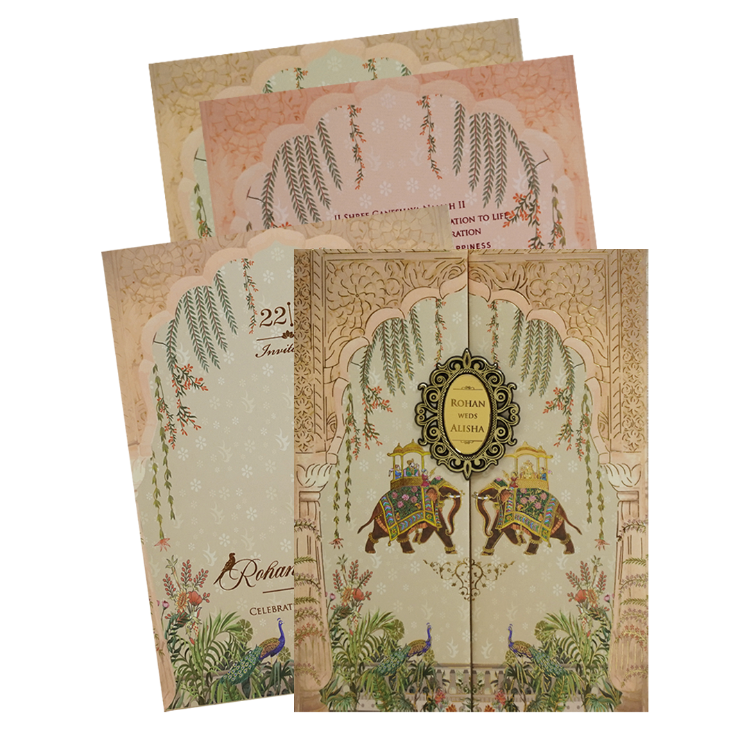 Beige Gold Elephant and Peacock Theme Wedding Card - KFR16450