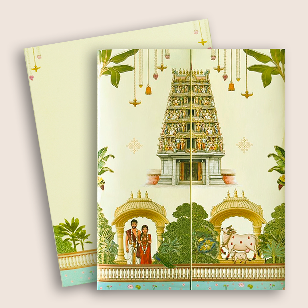Cream South Indian Temple Wedding Card - KNKC6205