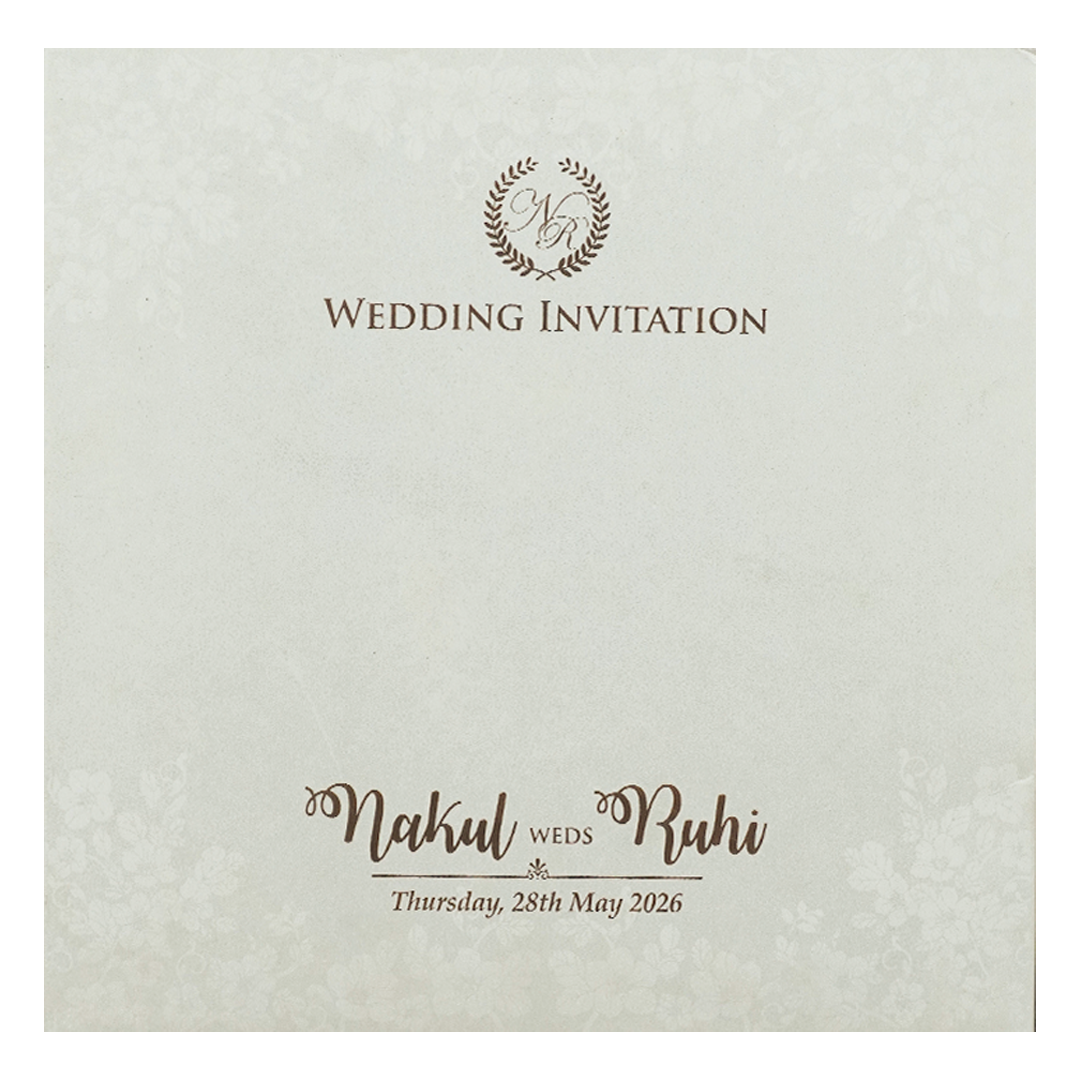 White Floral Gold Circle Padded Wedding Card-KRE28310