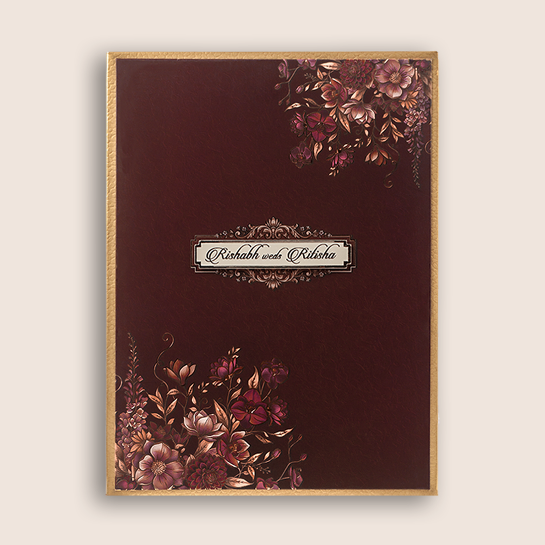 Dark Maroon Floral Padded Wedding Card - KAA05810