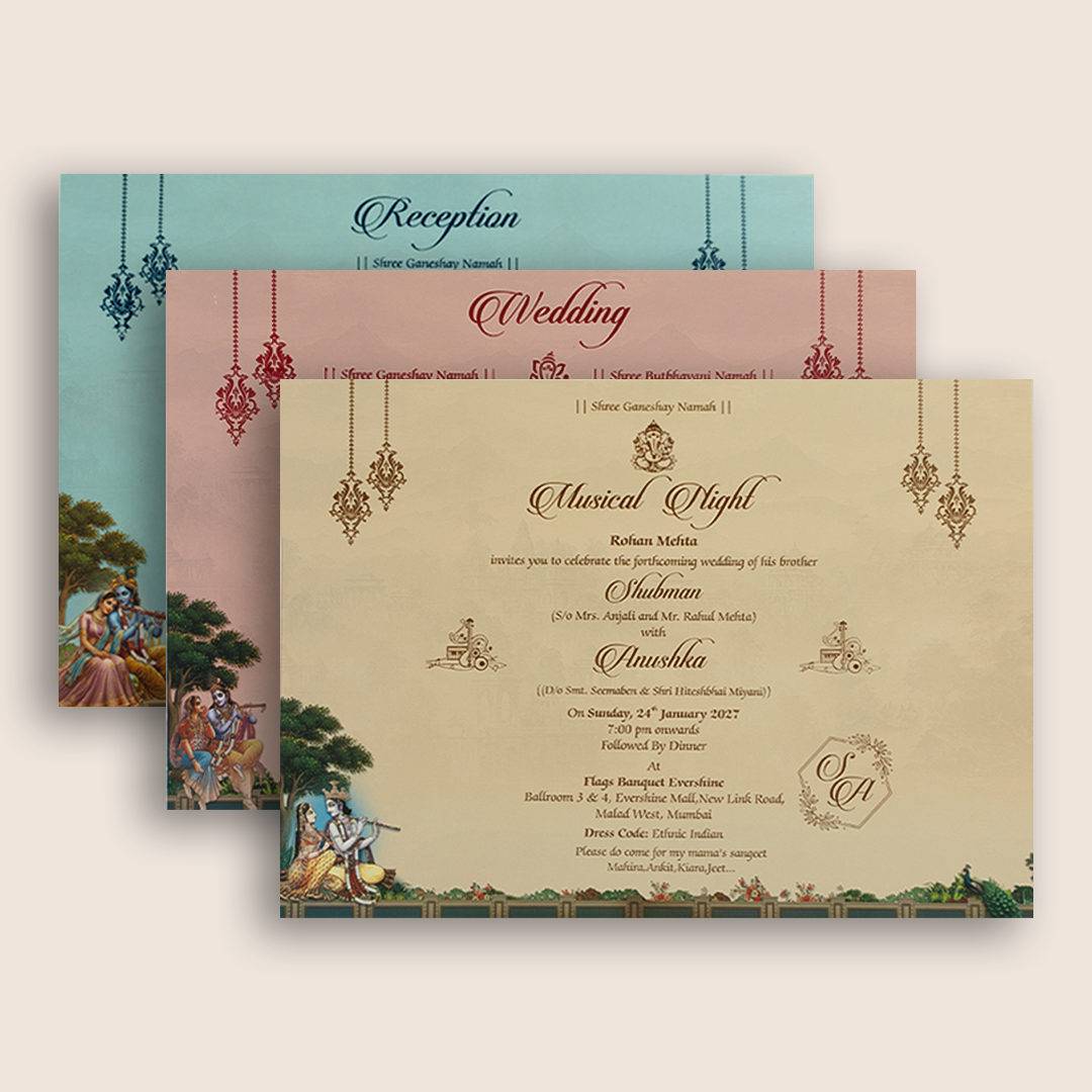 Blue Lord Radha Krishna Laser Cut Padded Wedding Card - KRB10570