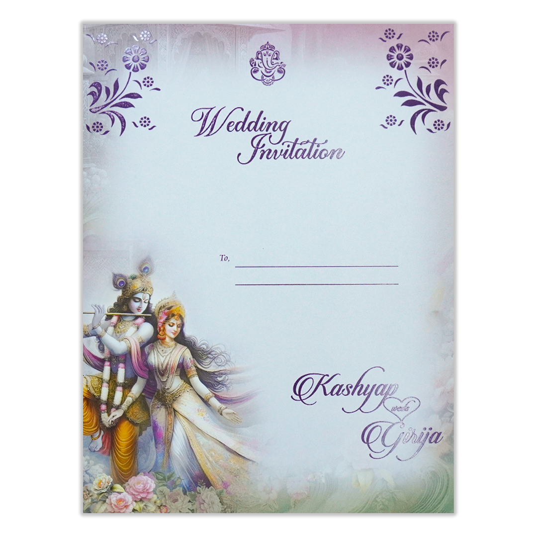 Lavender Krishna Radha Padded Wedding Card-KSH72370