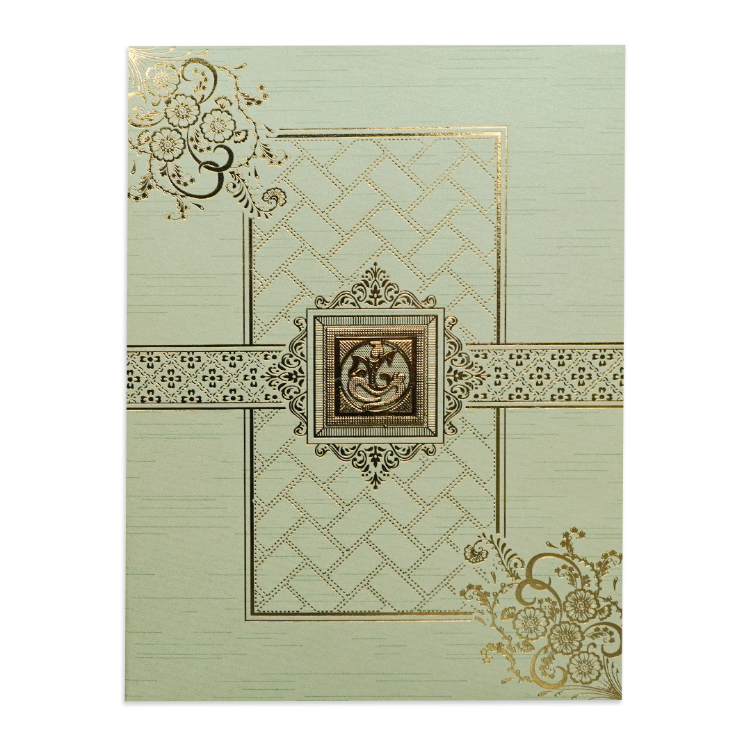 Green Gold Ganesha Floral Wedding Card-KNKR5034N