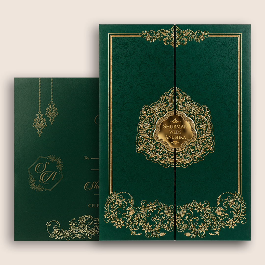 Green Embossed Floral Door Style Padded Wedding Card - KRB10400