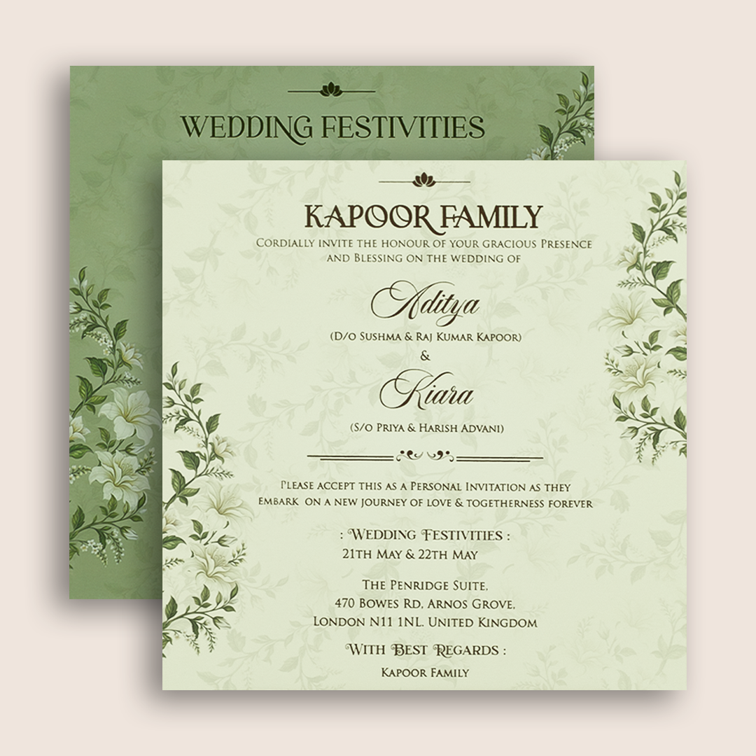 Green Embossed Lilly Flower Door Style Wedding Card - KFR17170