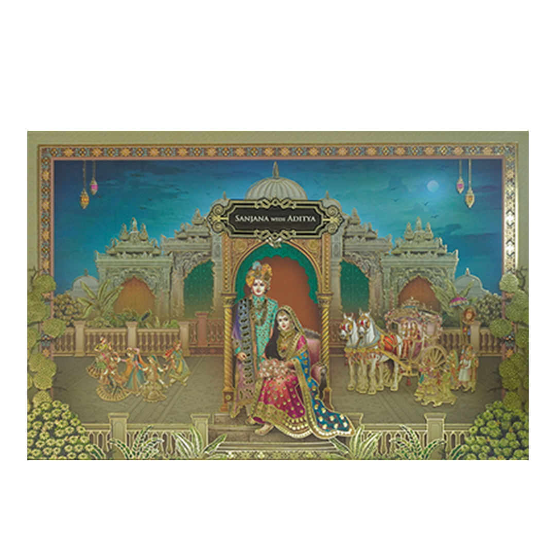 Green Palace Procession Padded Wedding Card-KSH72090