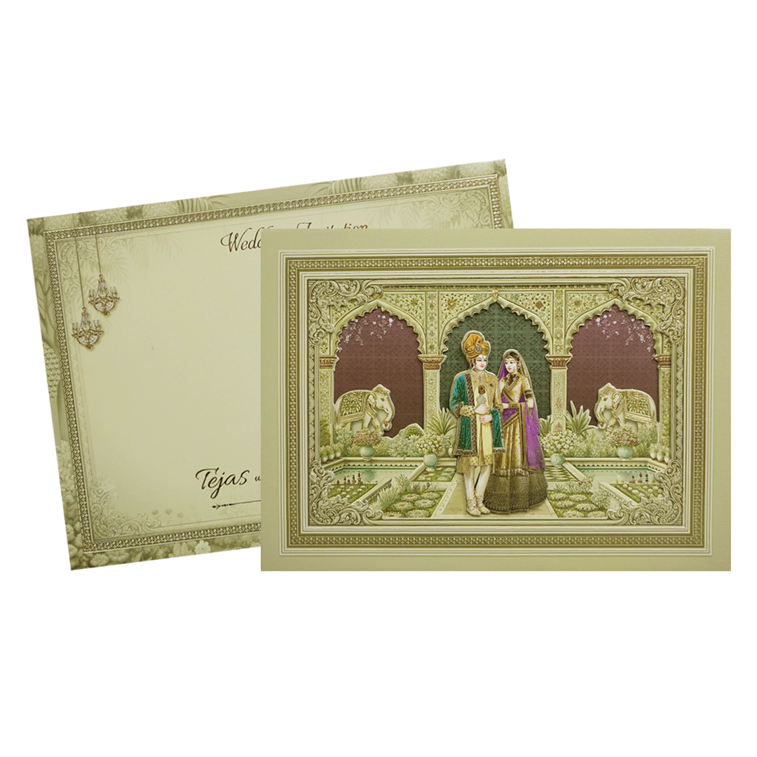 Green Palace Couple & Elephant Padded Wedding Card-KMMEX8010