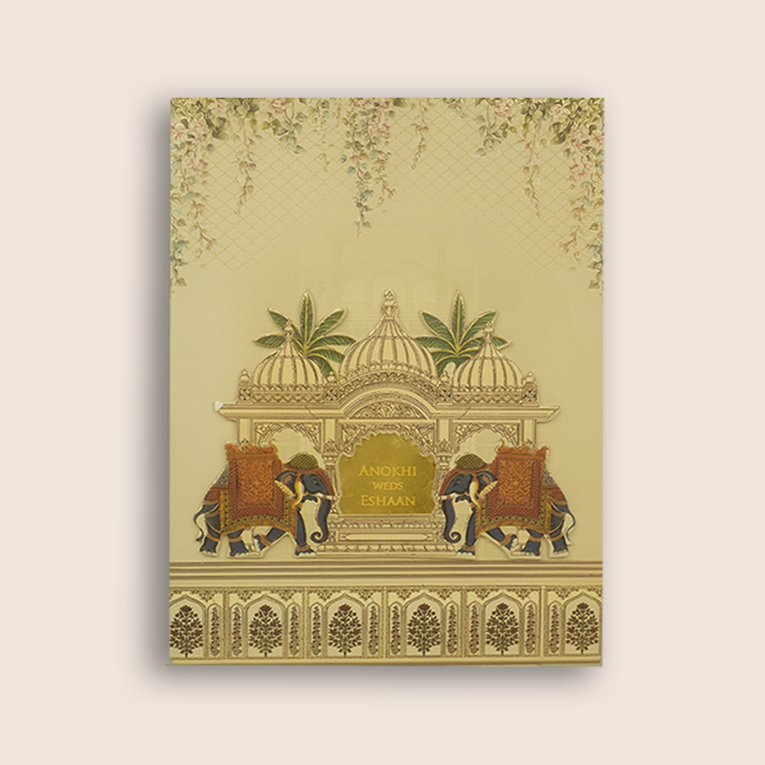 Beige Jharokha Elephant Padded Marriage Card - KJTS3685