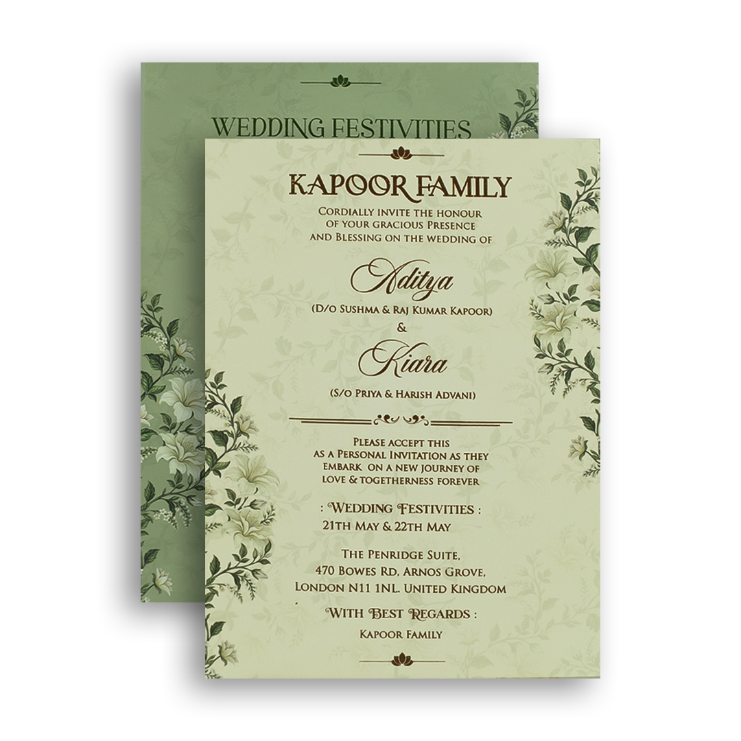 Green Embossed Lilly Flower Door Style Padded Wedding Card - KFR17510
