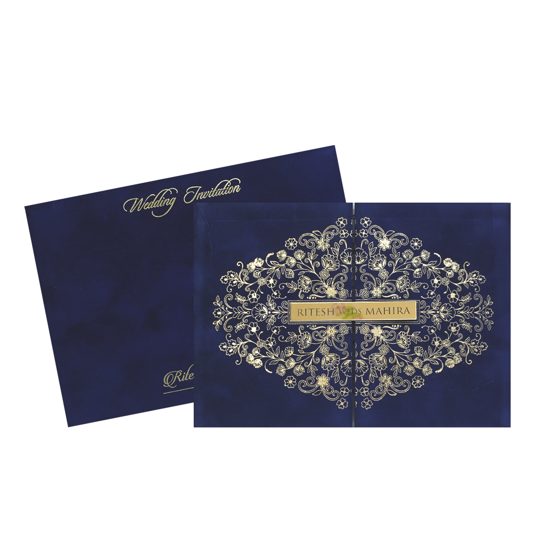 Royal Blue Gold Floral Padded Wedding Card - KMMWD1152