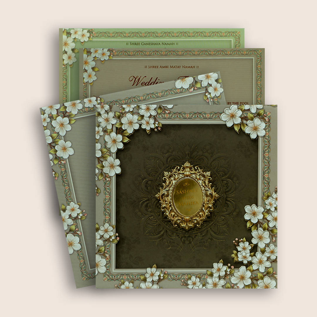 Olive Green Floral Padded Wedding Invitation Card - KRE29030