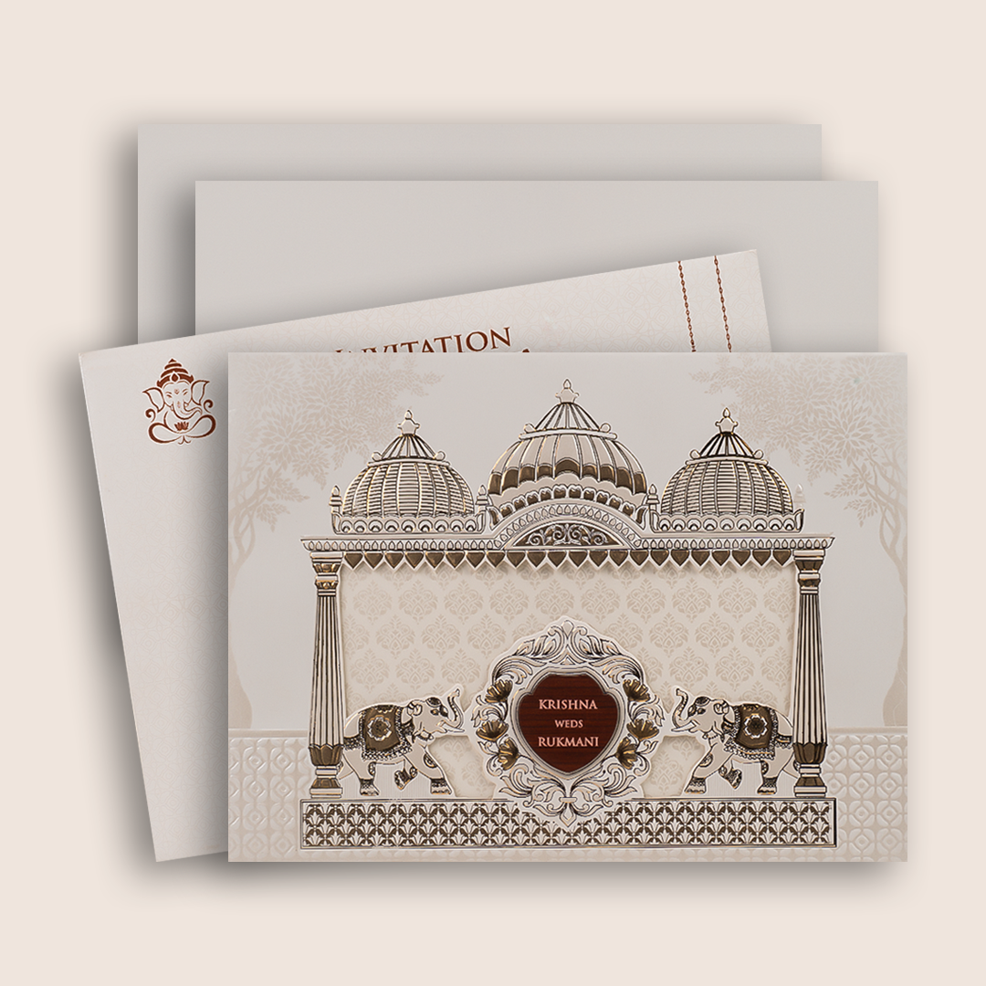 White Elephant Floral Padded Laser Cut Wedding Card - KJTS1943
