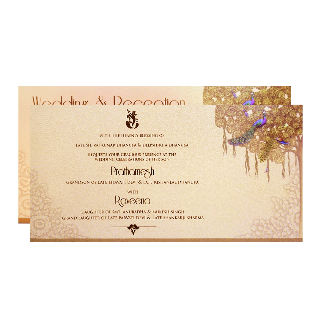 Peach Gold Embossed Shrinathji Wedding Invitation Card-KPR06460