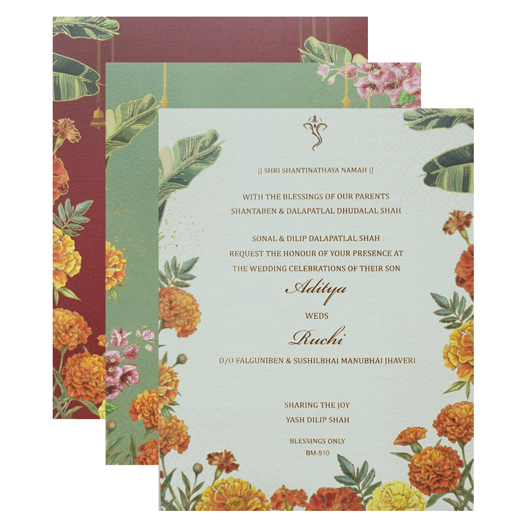 Green Marigold Floral Wedding Card - KBM05100