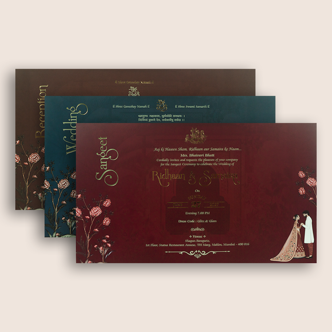 Green Embossed Bride Groom Marriage Invitation - KVN07640