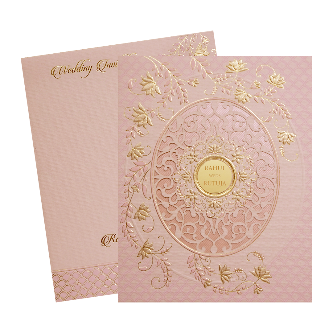 Pink Gold Lasercut Floral Padded Wedding Card -KMMWD1119
