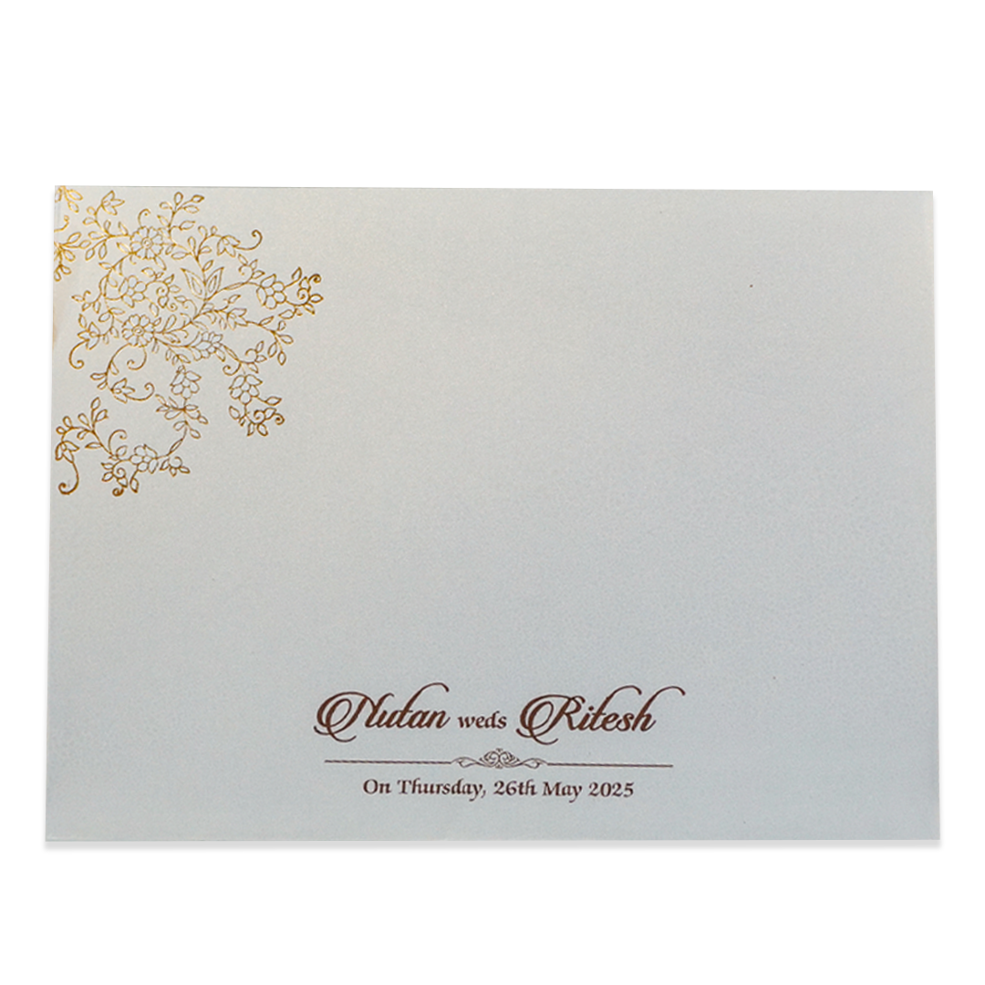 White Gold Floral Door Style Padded Wedding Card - KRE25880