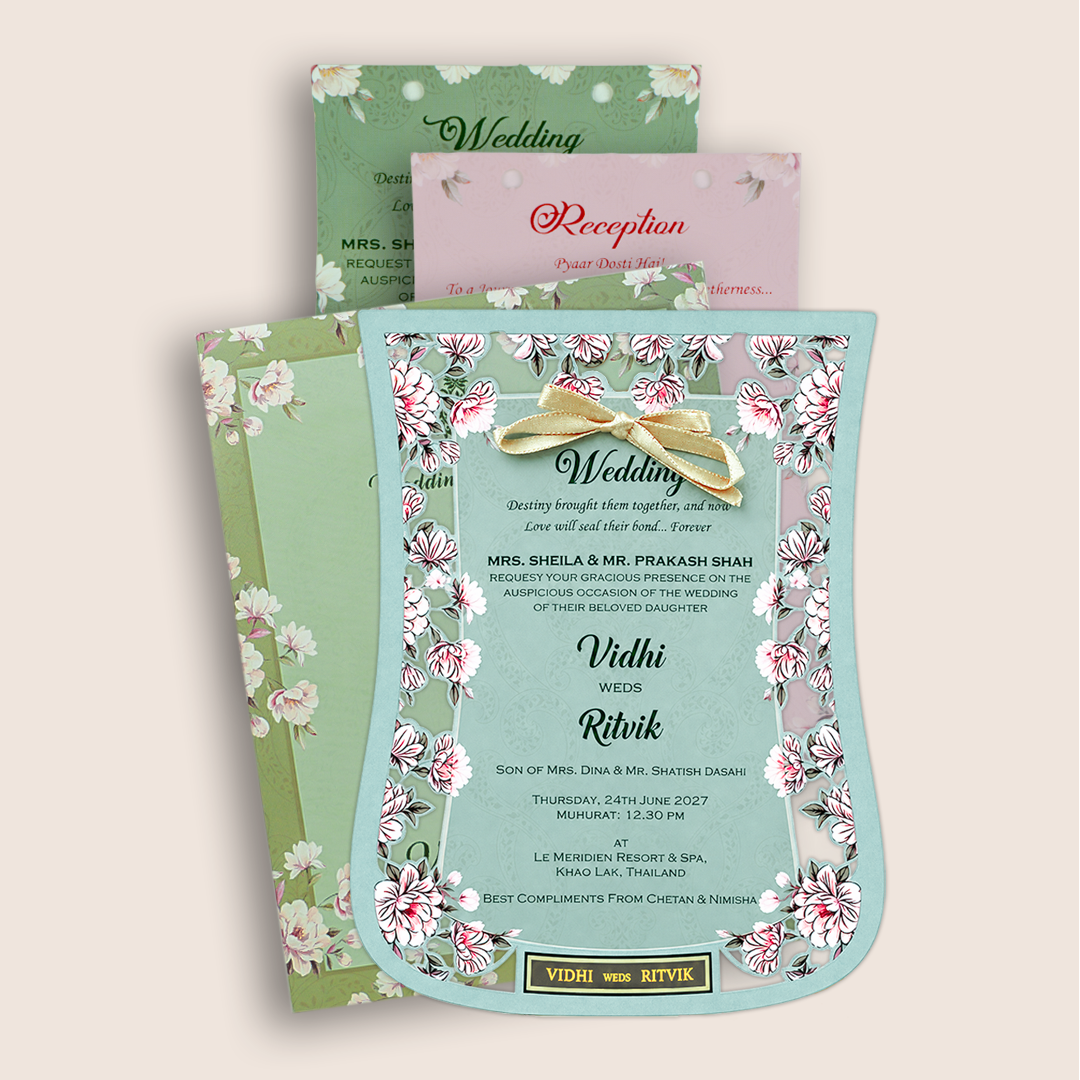 Pastel Green Laser Cut Floral wedding Card - KVN07830