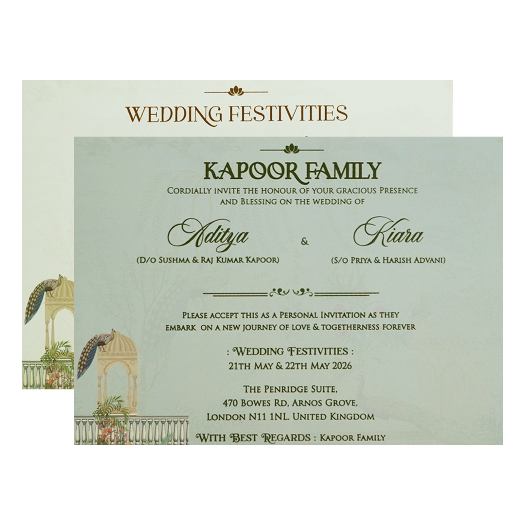 Royal Peacock Pastel Green Wedding Card - KFR16390