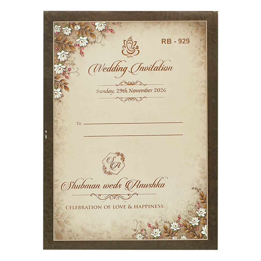 Brown White Lotus Padded Wedding Card-KRB09290