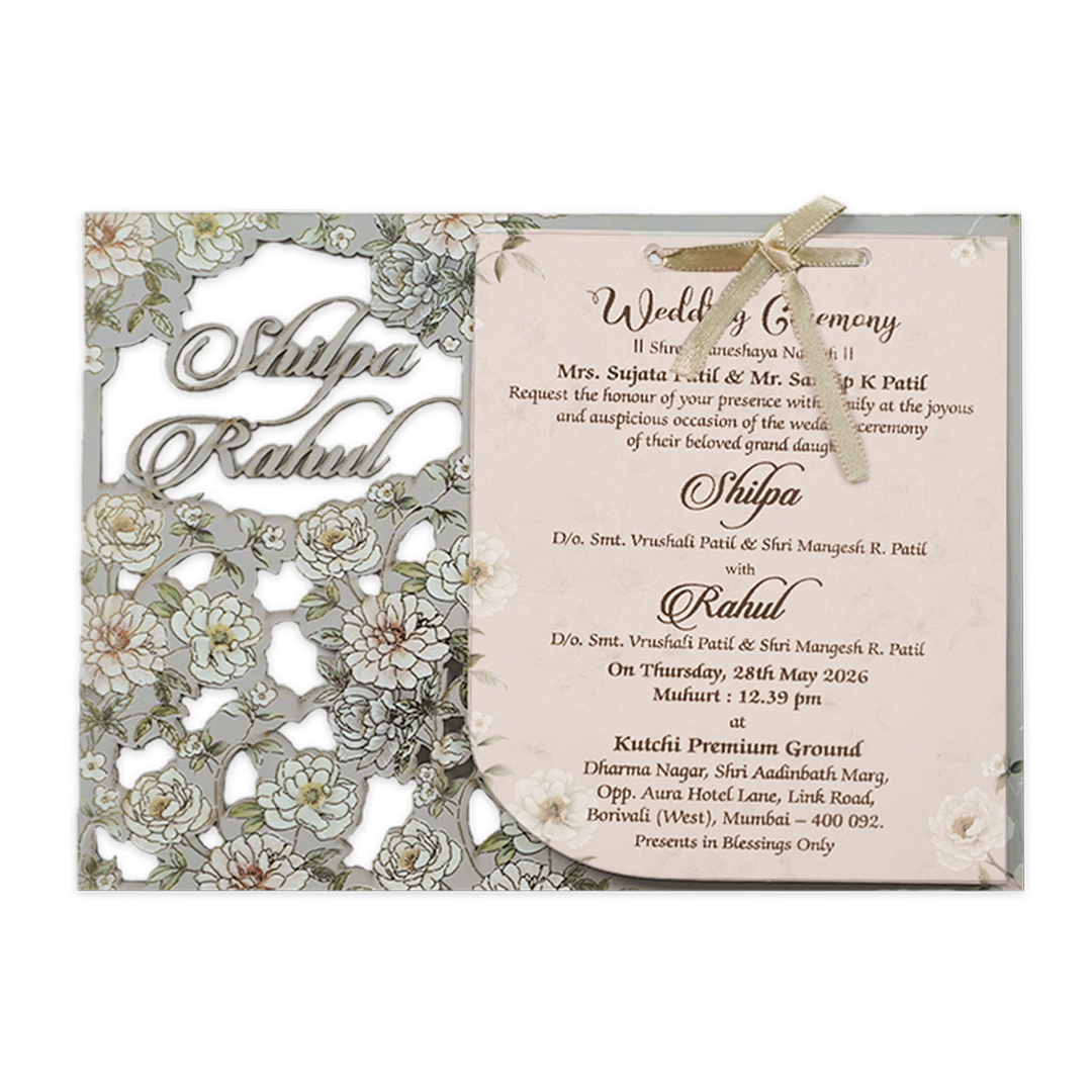 Grey Laser Cut Floral Wedding Card-KRE27280