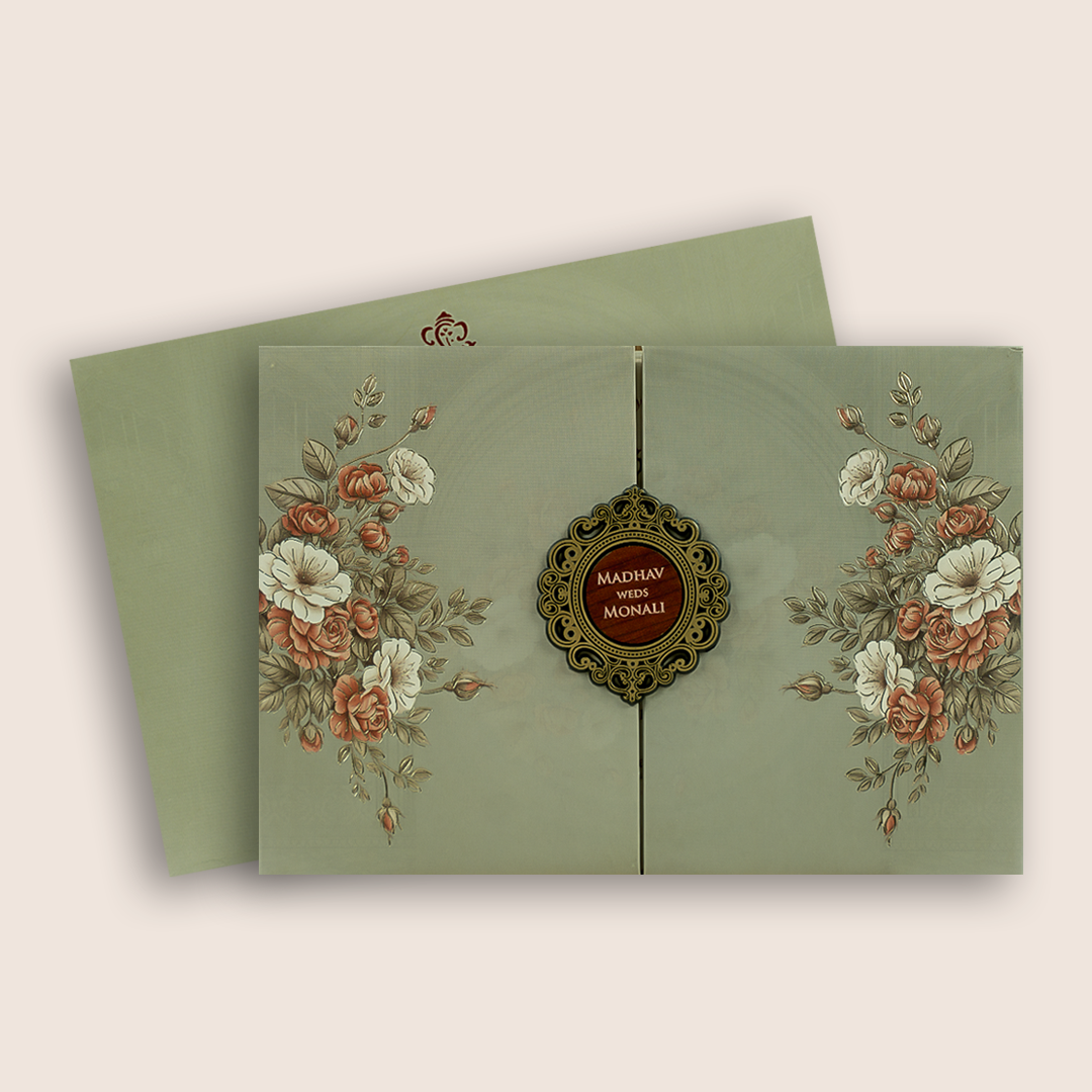 Pale Olive Green Floral Door Style Padded Wedding Card - KJTS3692