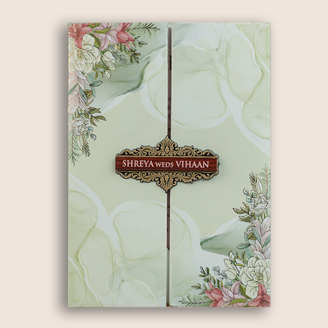 Green Floral Padded Door Style Marriage Card - KVN05660