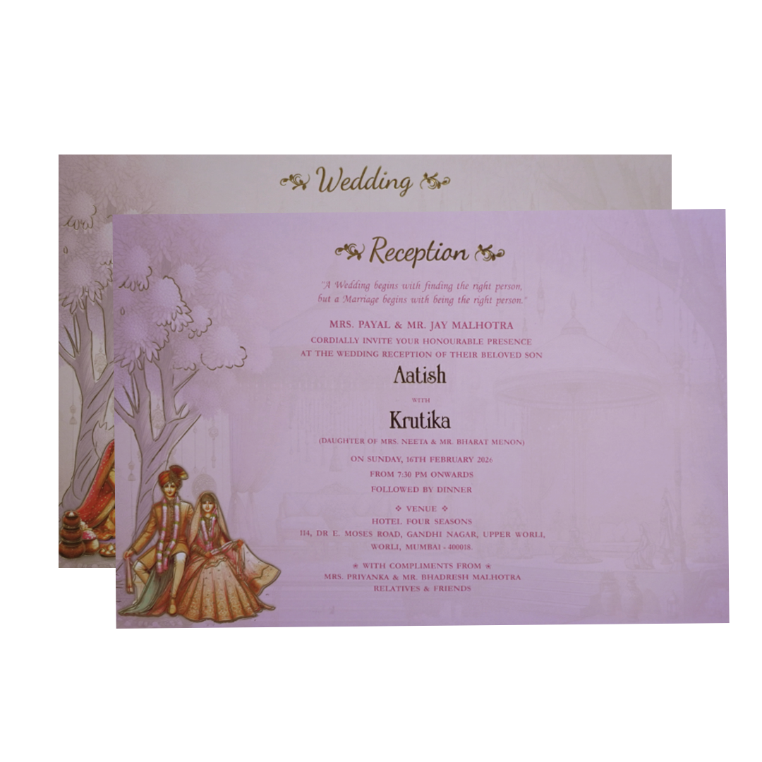 Pastel Lavender Modern Couple Peacock Laser Cut Padded Wedding Card -KMMEX8190