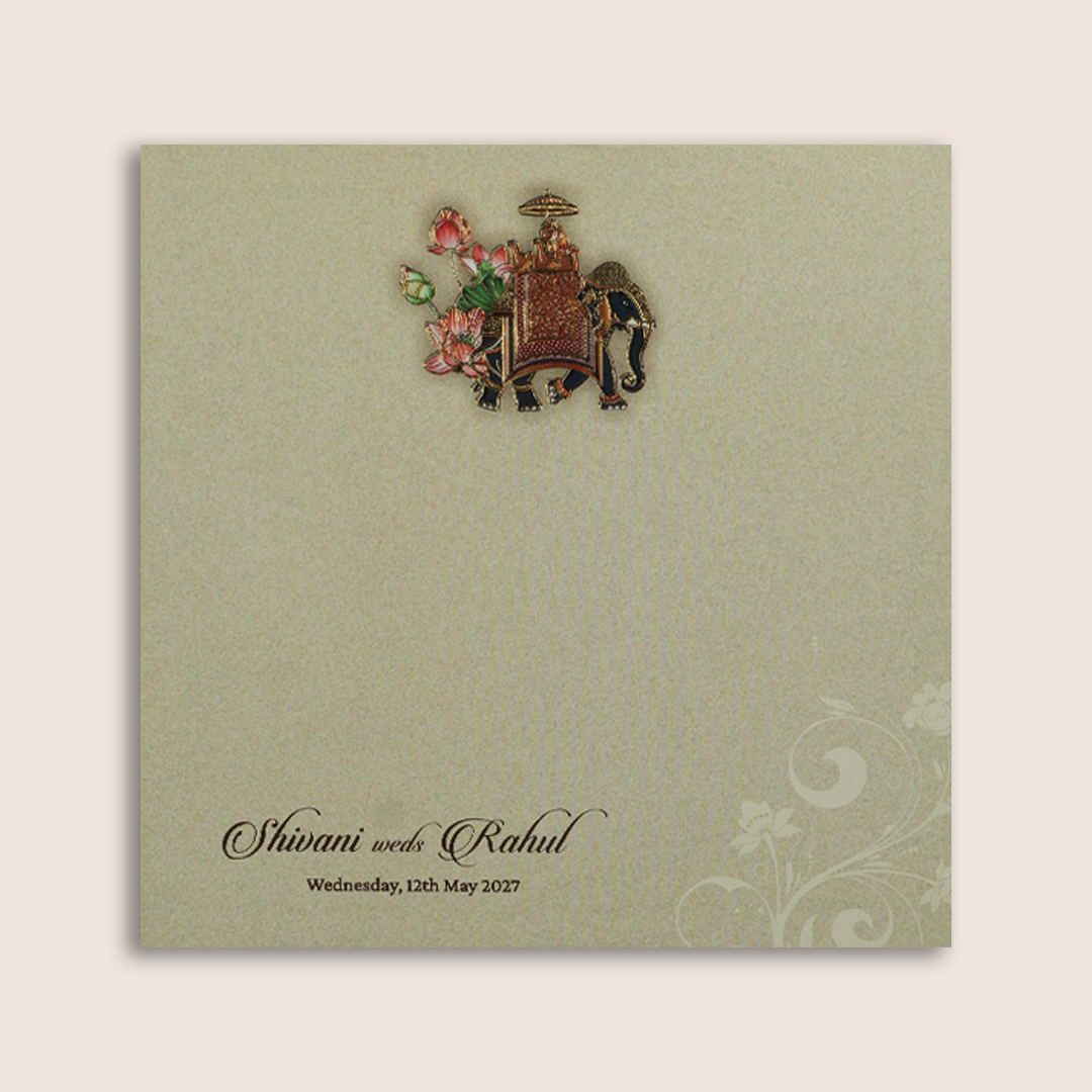 Grey Floral Elephant Padded Invitation Card - KPR023350