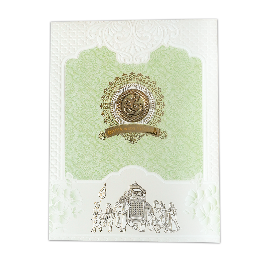 Green Embossed Procession Padded Wedding Card-KNMS9309