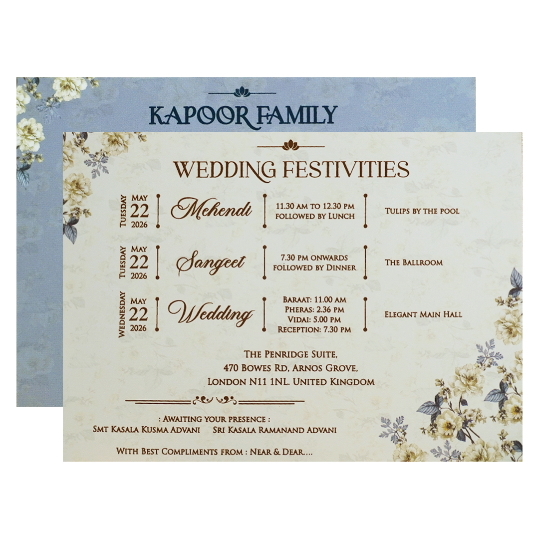 Blue Golden Floral Padded Wedding Card - KFR16400