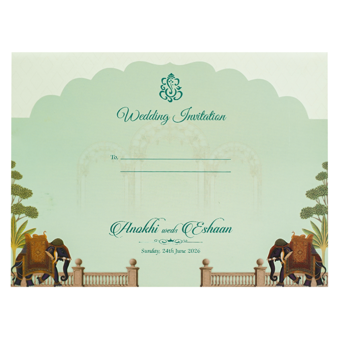 Green Palace Arch Royal Elephant Wedding Card-KJTS3679