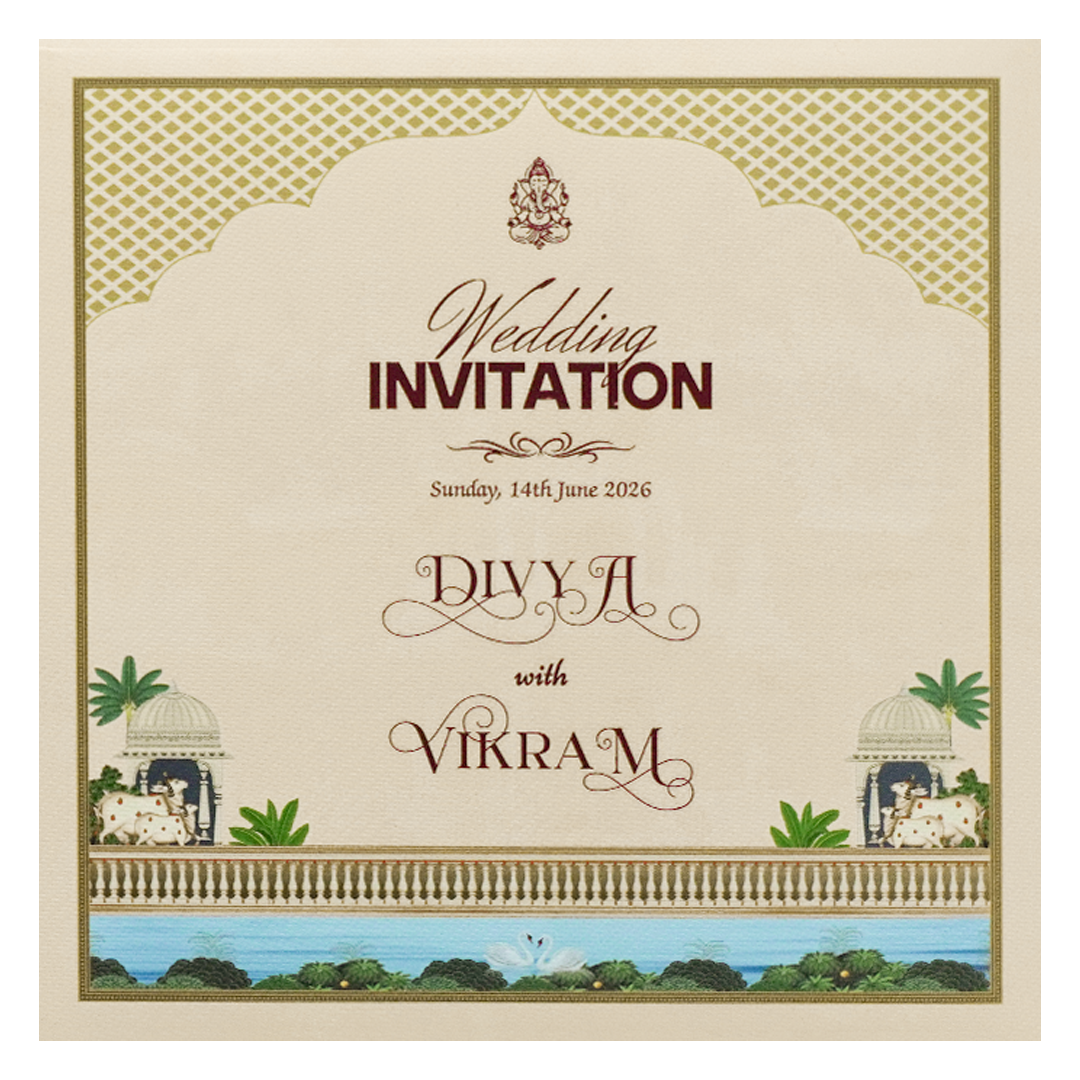 Blue Floral Kamadhenu Wedding Card-KNKD8113