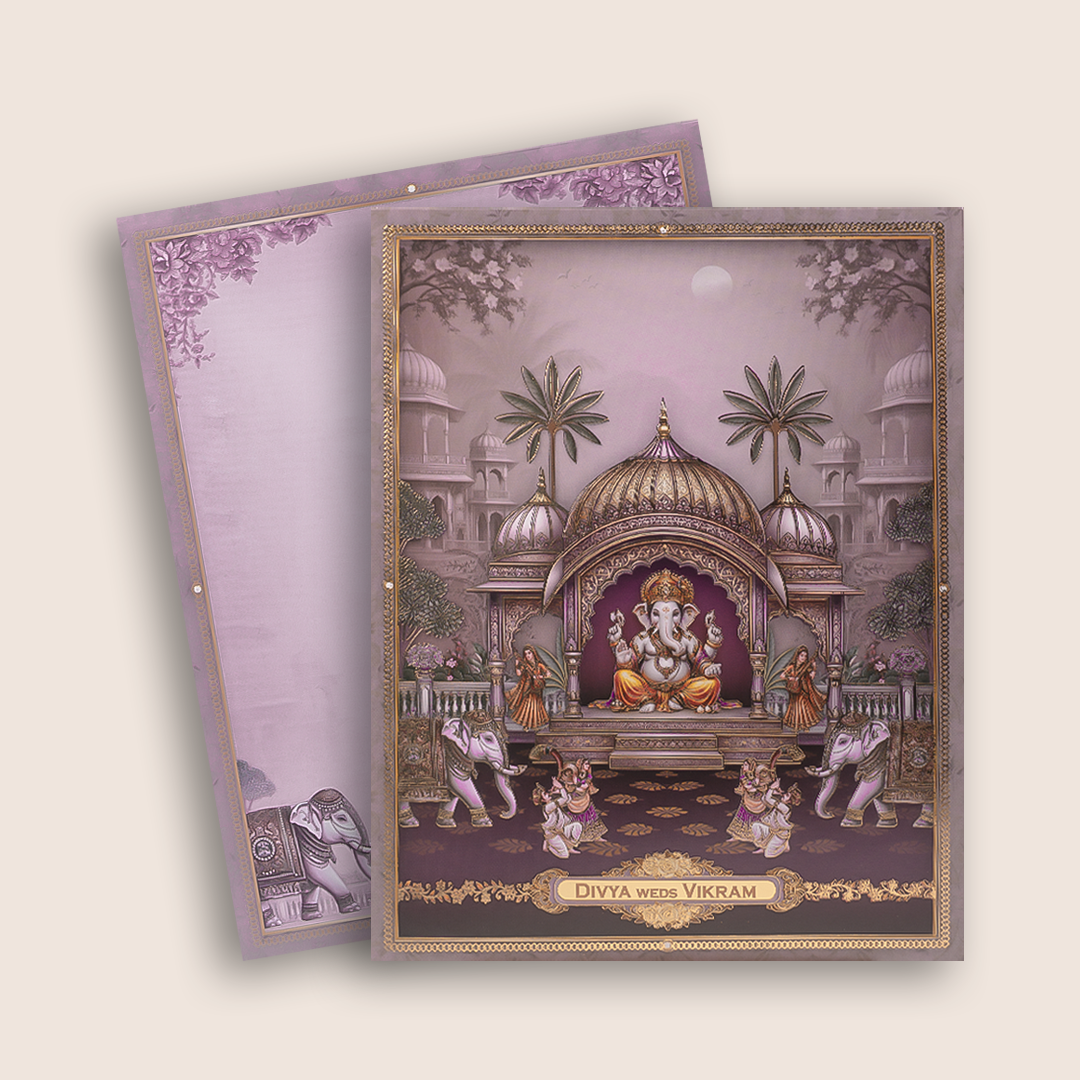 Purple Lord Ganesha Temple Floral Wedding Card - KNKJ1166