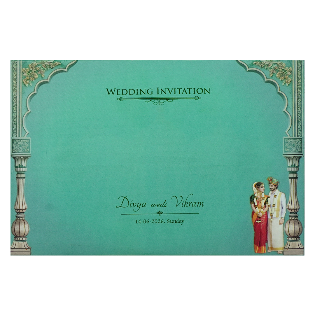 Green Padded Bride Groom Palace Wedding Card-KNAK4701