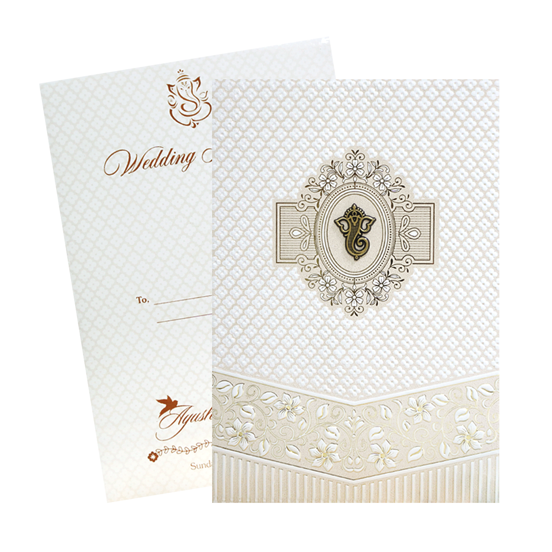 White Quilted Floral Ganesh Wedding Card - KVN07180