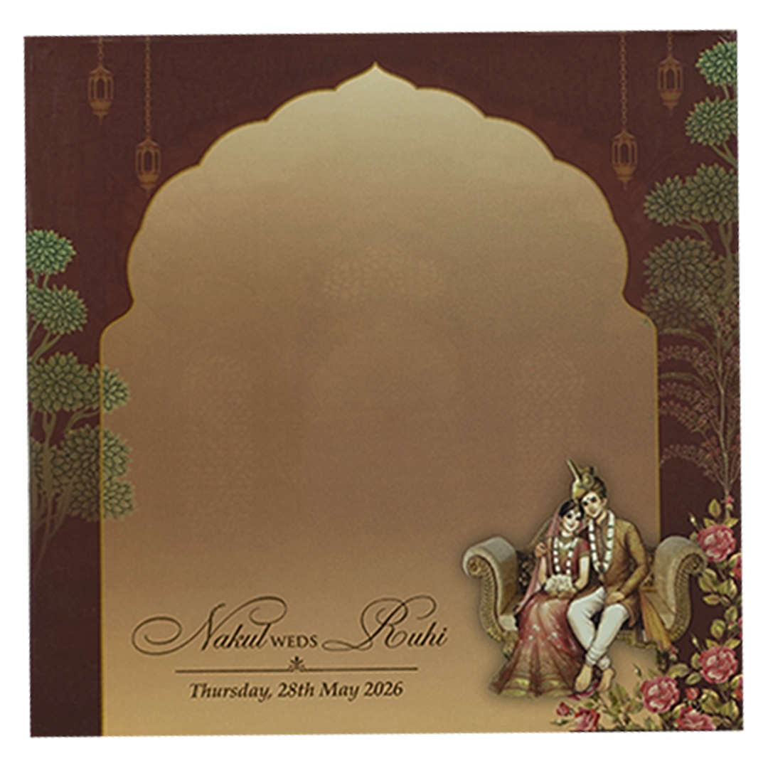 Brown Royal Couple Padded Wedding Card-KRE27940