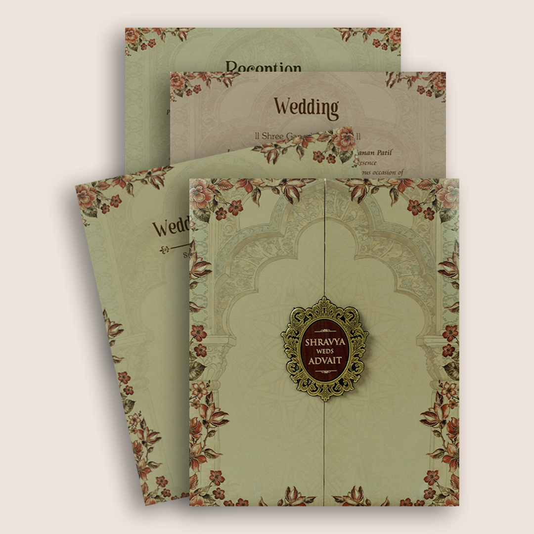 Beige Floral Door Style Wedding Card - KVN07590