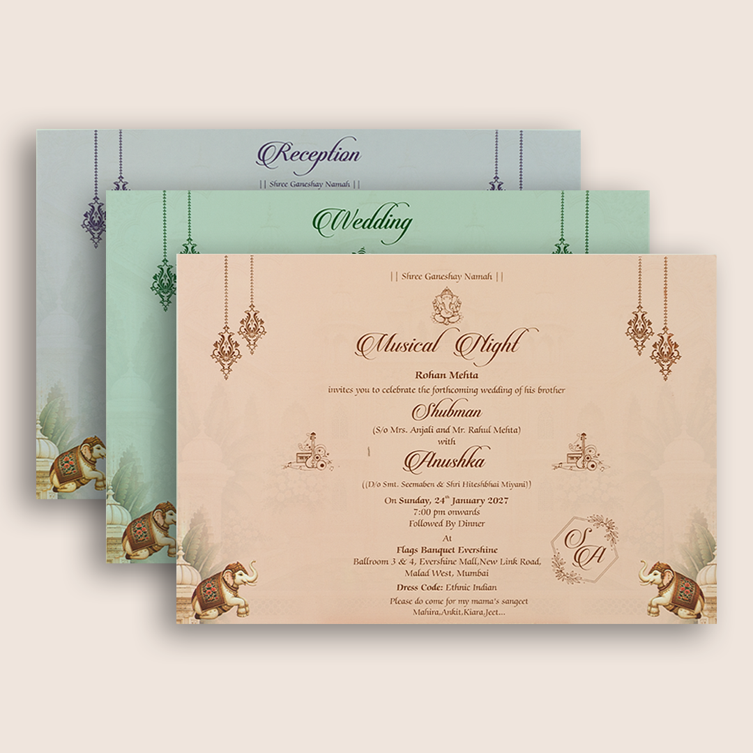 Beige Royal Palace Elephant Padded Wedding Card - KRB10730