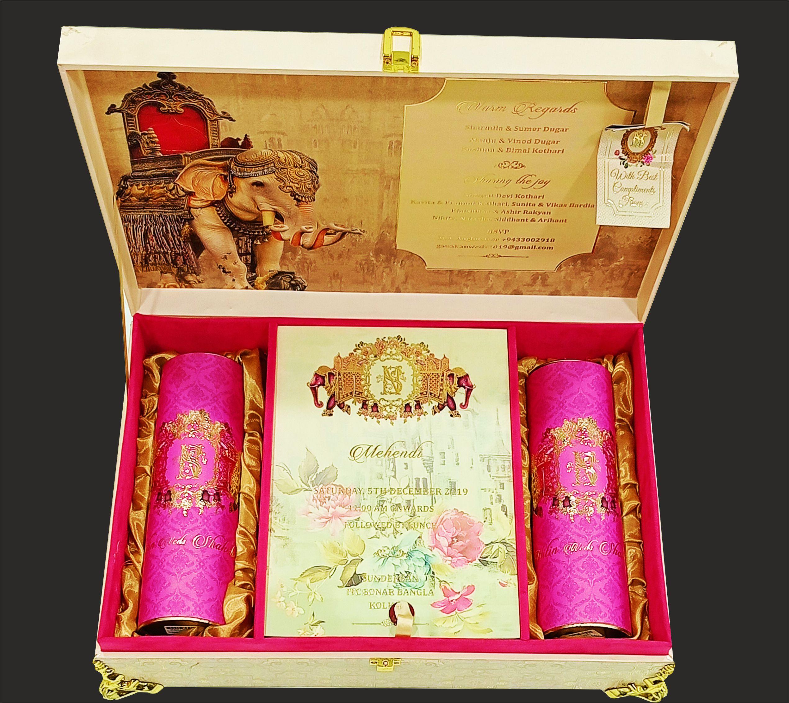 Cream Ultra Premium Box Invitation Card In Elephant Theme-KNKUP001