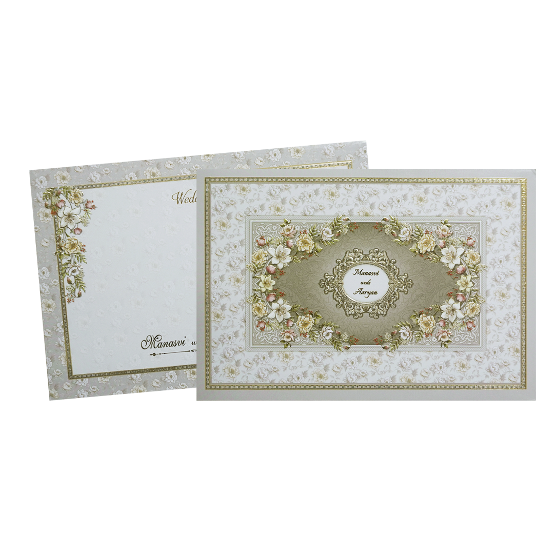 Grey Floral Frame Padded Wedding Card -KMMWD1142