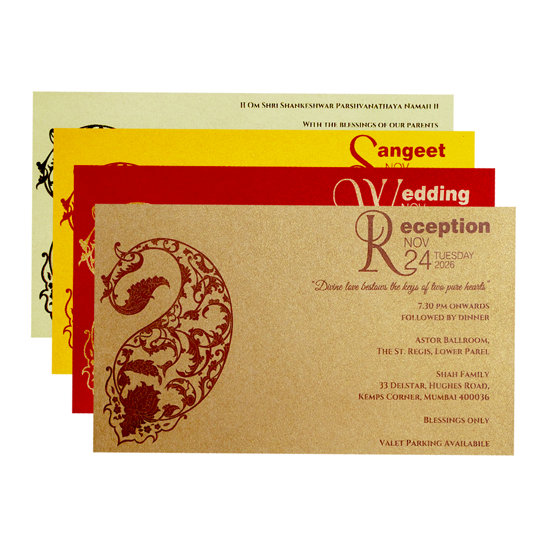 Light Yellow Gold Embossed Paisley Wedding Invitation Card-KPR06380