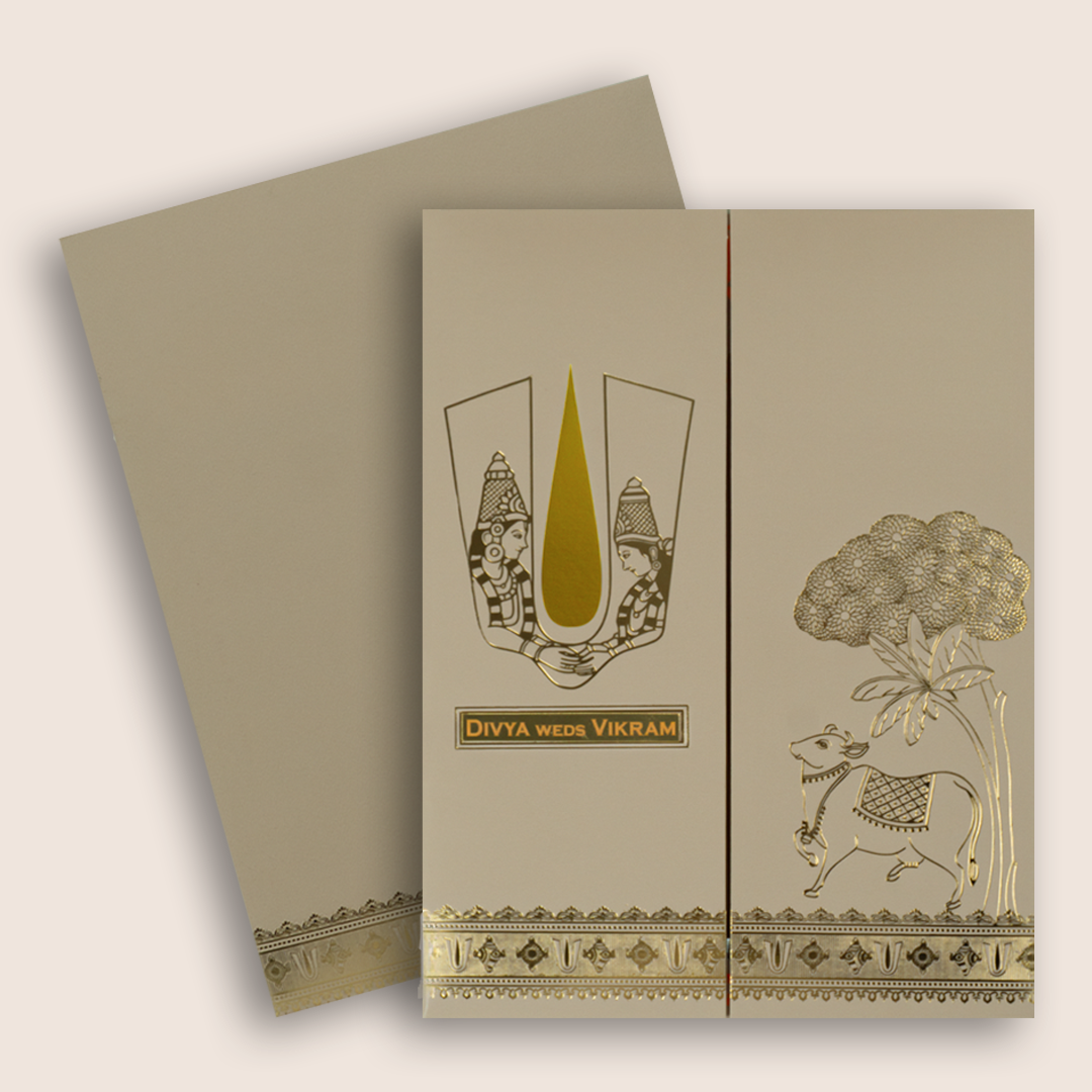 Pastel Pink Kamadhenu Vaishnava Tilak Door Style Wedding Card - KNRM8708P