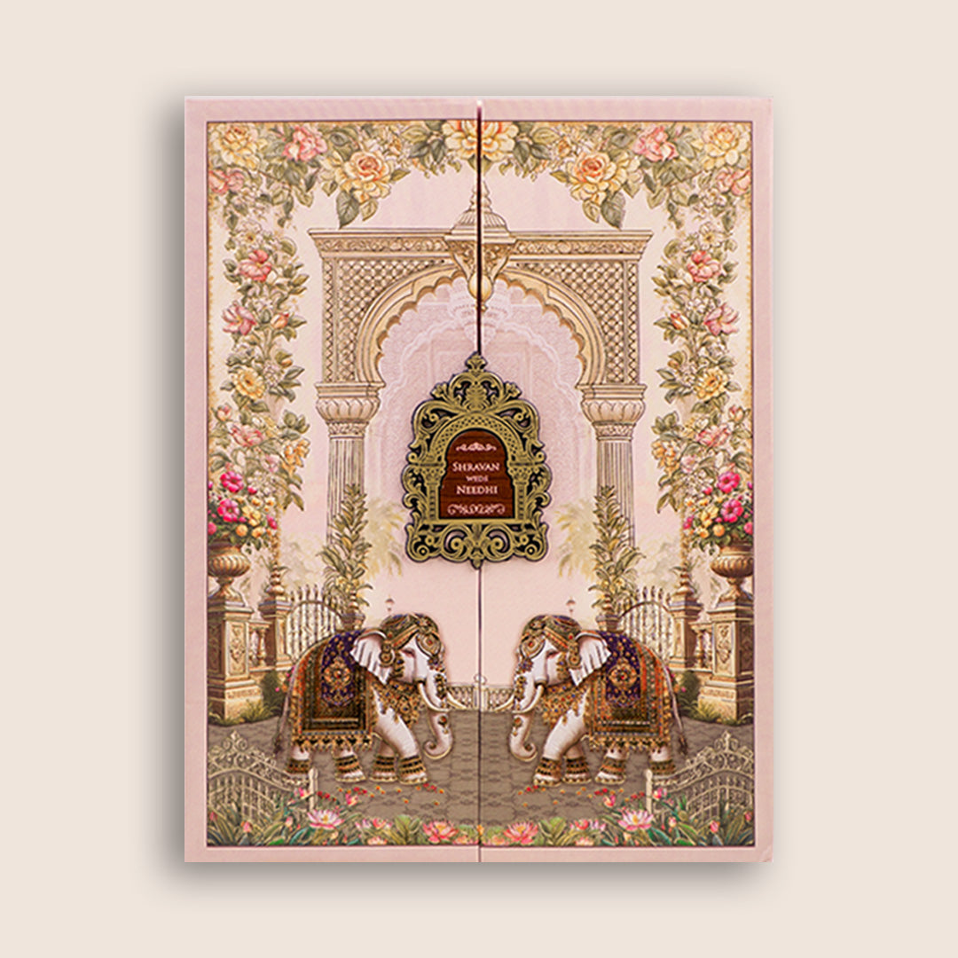 Pink Floral Elephant Padded Door Style Wedding Card - KSH73740