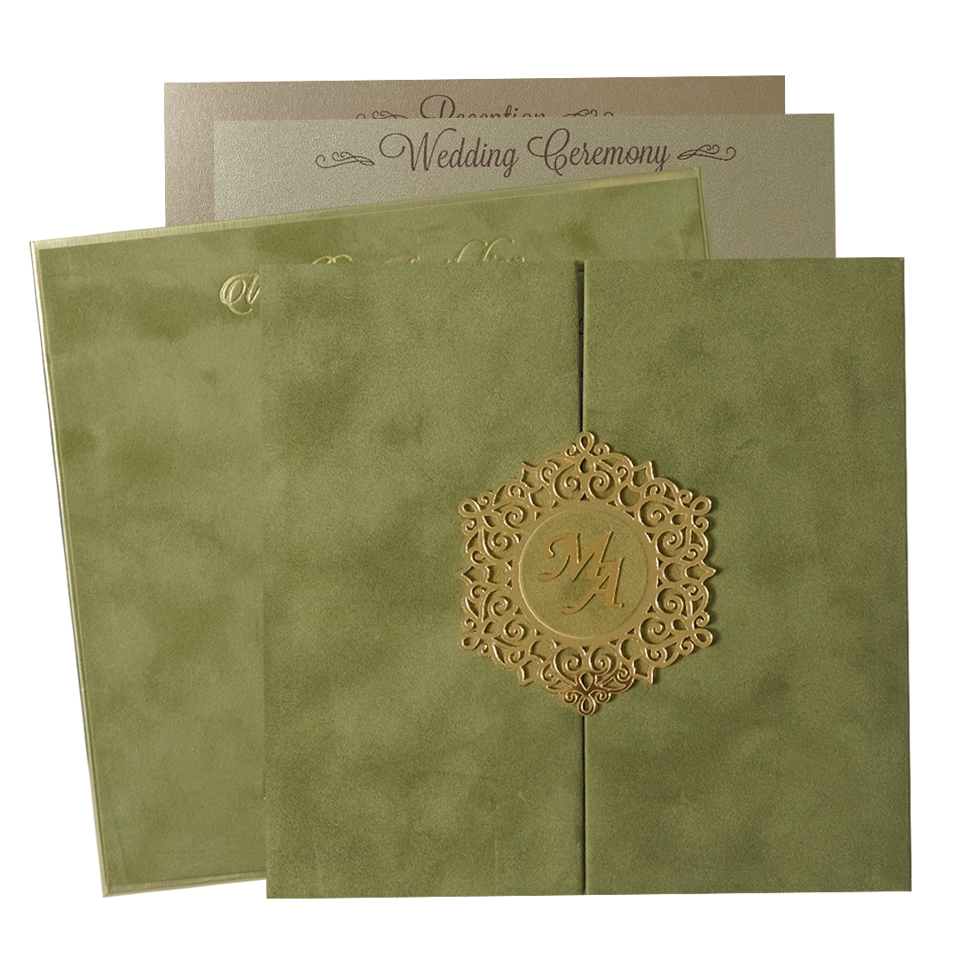 Check out Green Gatefold Padded Wedding Card at best price.WhatsApp Support |Express Delivery. | King of Cards.