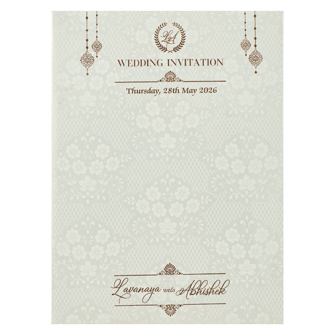 White Ganesha Floral Border Padded Wedding Card-KRE26410
