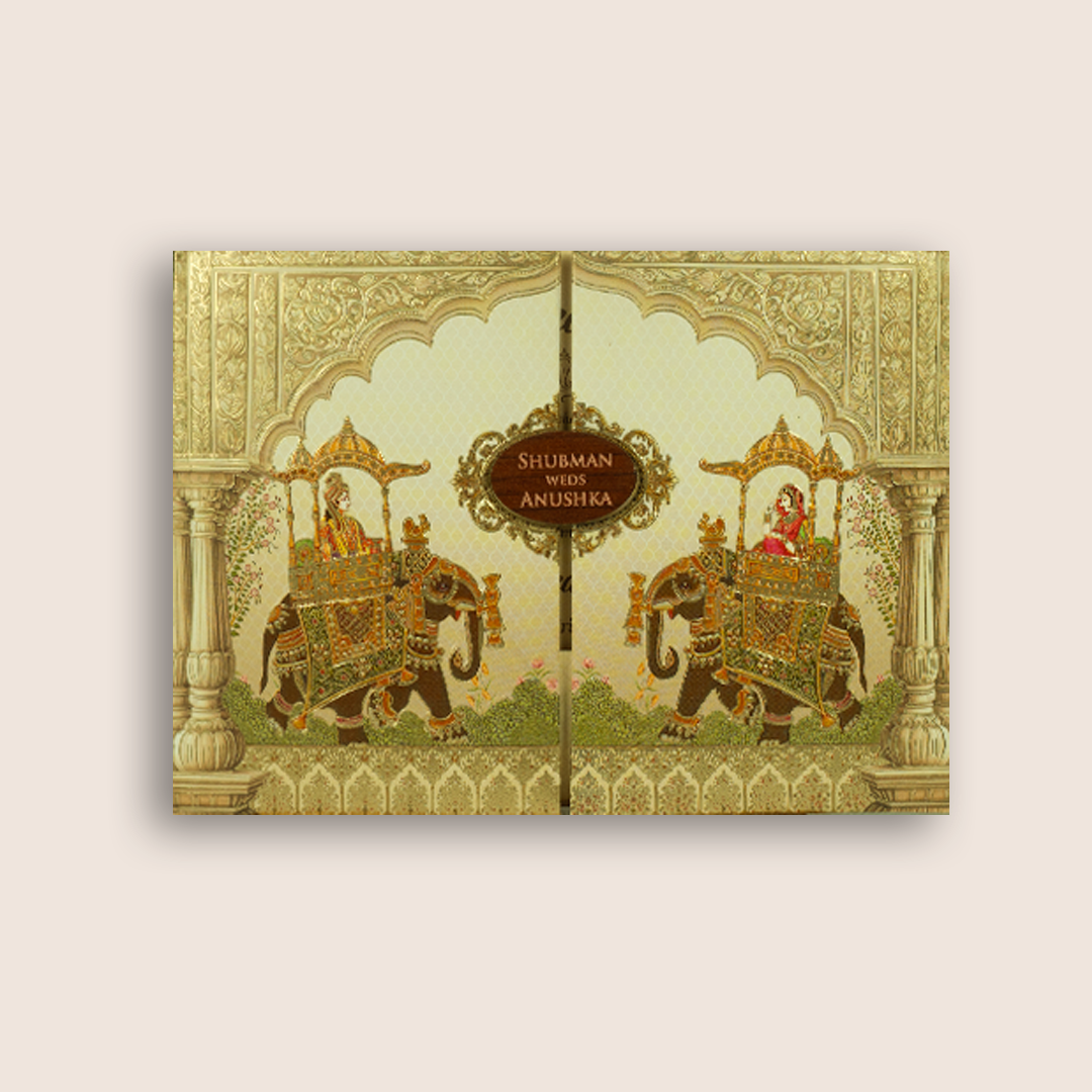 Cream Embossed Royal Baraat Padded Door Style Wedding Card - KRB8220
