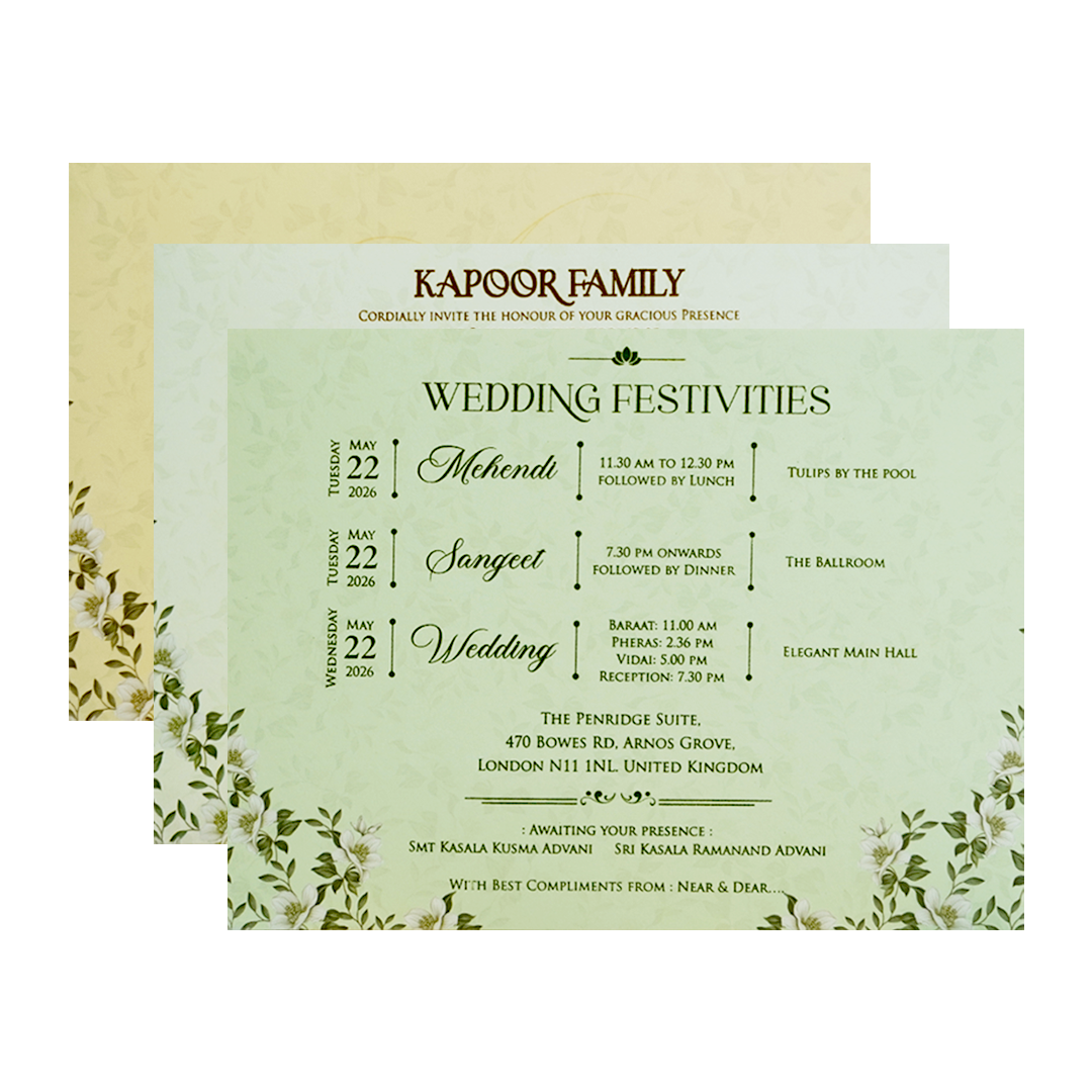 Floral Golden Green Openable Wedding Card - KFR16440