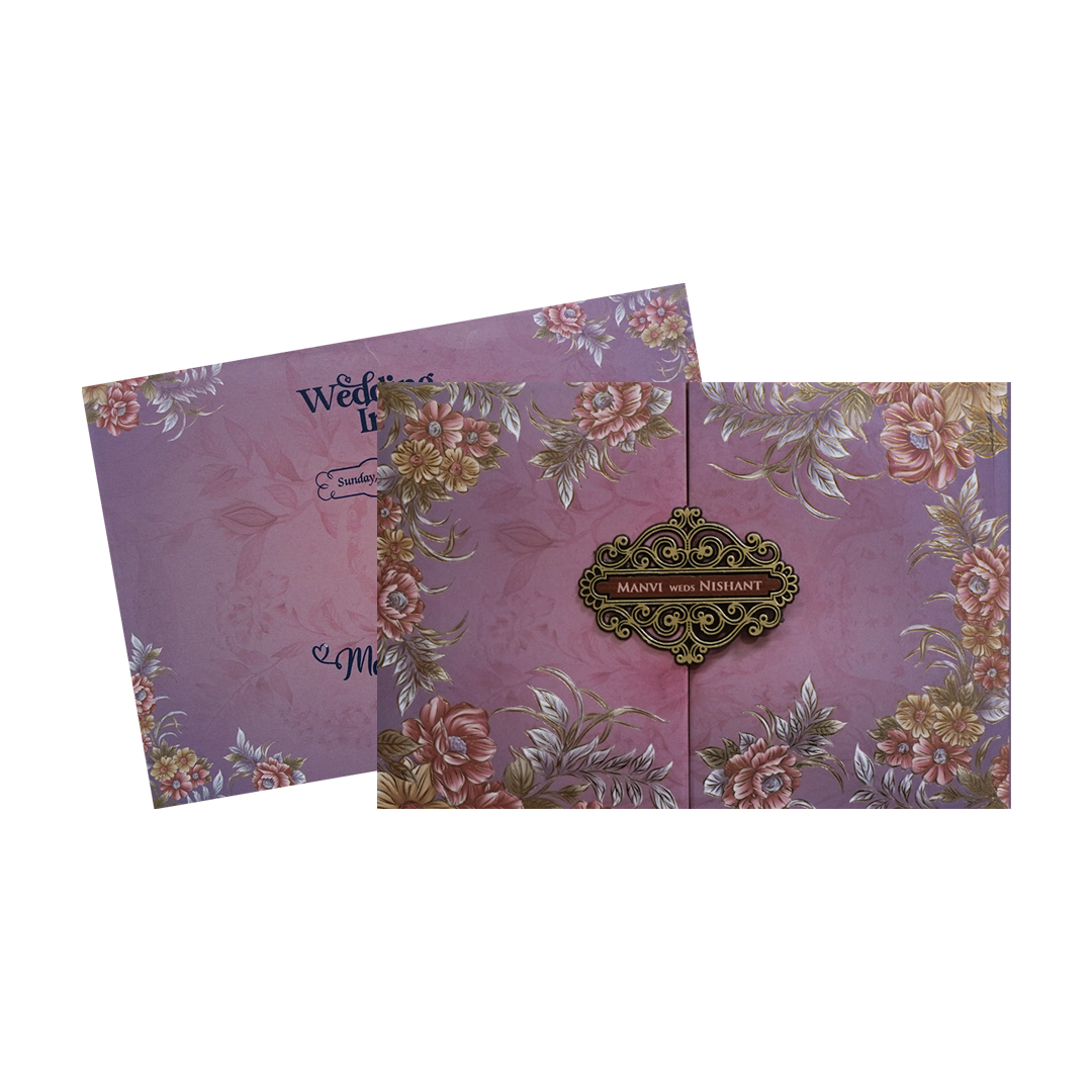 Metallic Purple Padded Floral Wedding Card - KVN07320